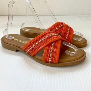 Toscanella Orange Woven Leather Gold Beaded Criss Cross Slide Sandals Womens 8